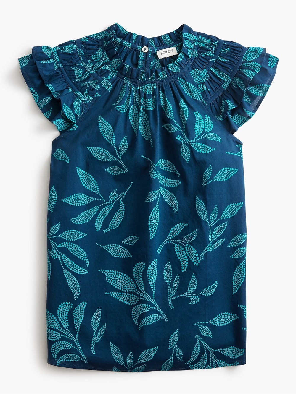 J. Crew Factory Navy and Teal Floral Ruffle Sleeve Blouse